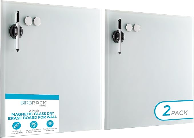 BIRDROCK HOME Magnetic Glass Dry Erase Board – Frameless Whiteboard for Office, Home, Classroom – Writing and Drawing Board with Magnets, Markers and Holders – Modern Acrylic Mount – White - 2 Pack