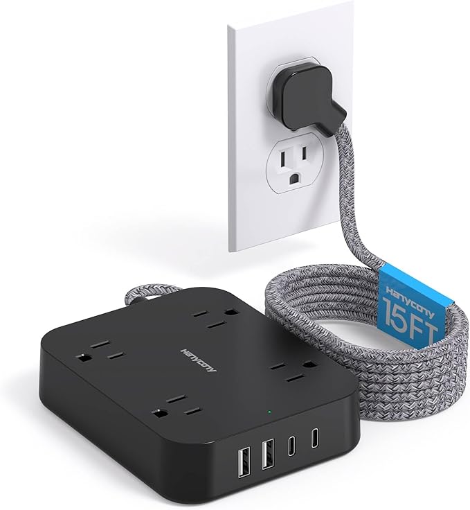 Black Extension Cord 15 Ft, HANYCONY Flat Plug Power Strip with 4 Outlets 4 USB Ports(2 USB C), Wall Mount Charging Station, No Surge Protector for Home Office College Dorm Room Travel Essentials