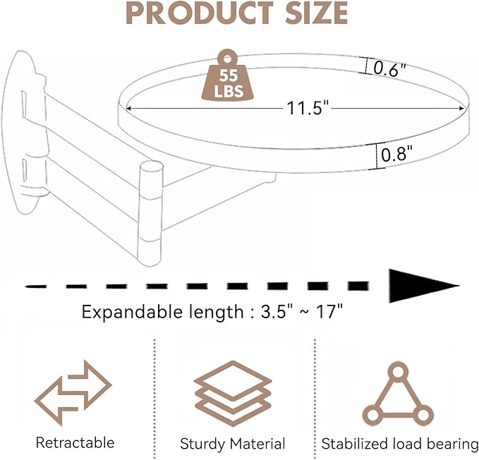 Wall Mounted Folding Table Small Folding Desk Round Foldable Wall Table with Retractable Shelf Wood Fold Down Table Folding Coffee Table Folding Wall Desk for Bedroom Living Room Study(Log Color)