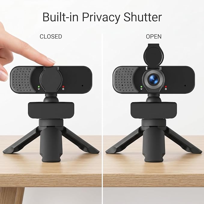 1080P Webcam with Noise-Cancelling Microphone and Tripod - Computer Camera with Privacy Shutter - 110° Wide Angle - USB Plug & Play for PC Laptop - Zoom Teams Streaming