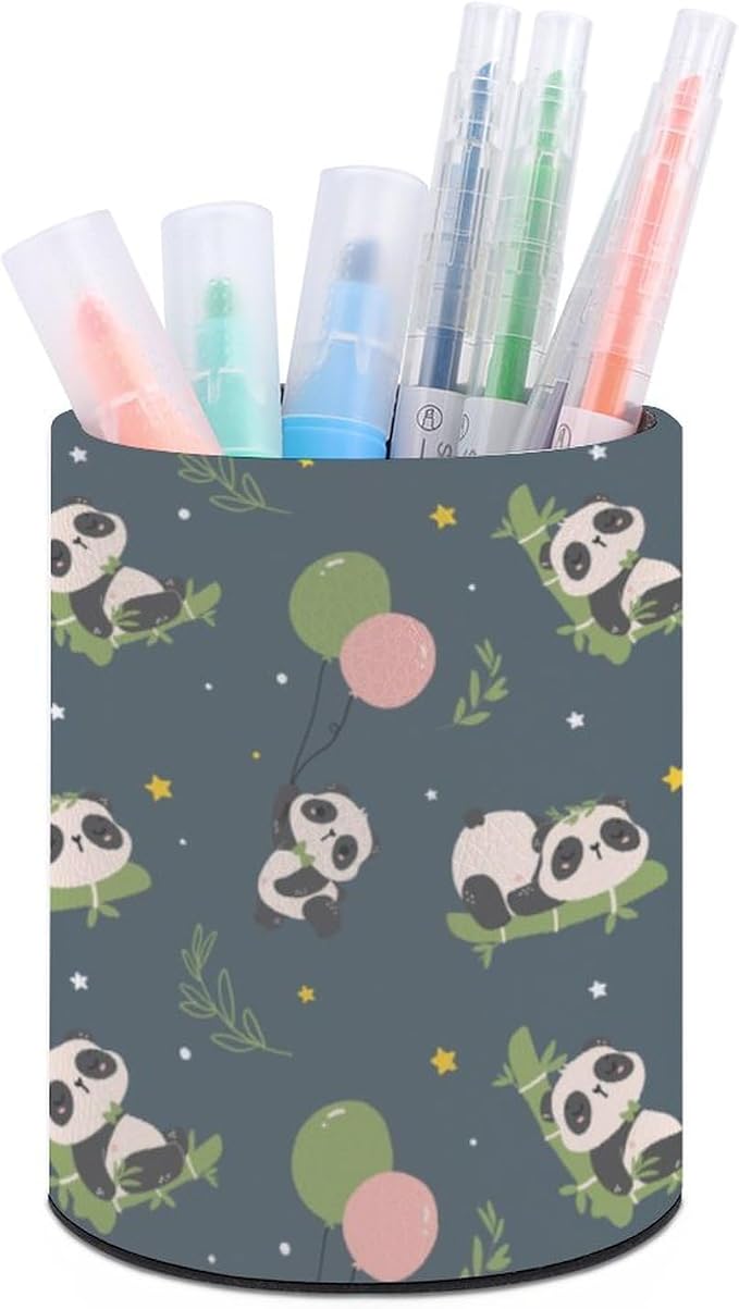 Cute Panda Pen Holder for Desk PU Pencil Cup Organizer | Round Desks Makeup Brush Holder for School Multifunctional Office Supplies