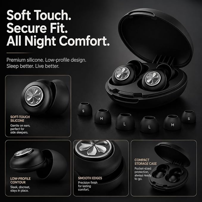 Ear Plugs for Sleeping 45DB Noise Cancelling: Ultra-Comfy Reusable Noise-Reducing Earplugs for Sleeping & Travel & Work Hearing Protection Earbuds with 8 Tips(XS,S, M, L Size) (Obsidian)