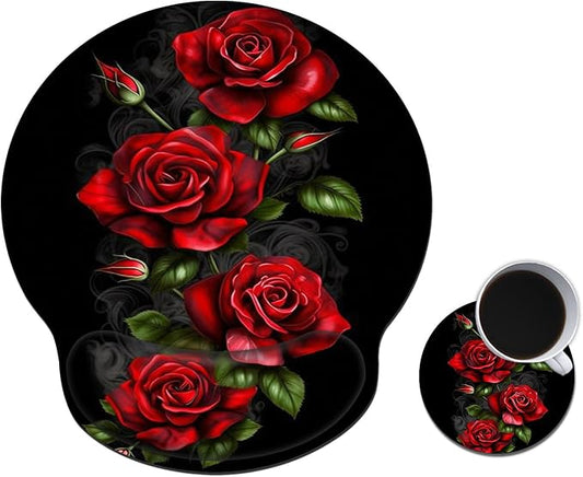 Mouse Pad with Wrist Support Gel, Ergonomic Mouse Pad with Comfortable Wrist Rest, Gaming Mousepad Non-Slip PU Base for Laptop Office Easy Typing & Pain Relief,Red Roses Flowers