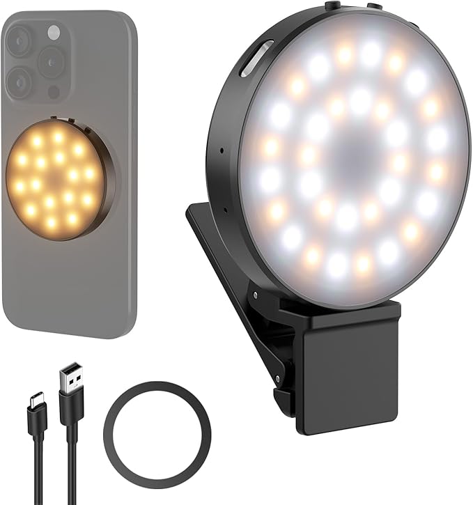 NEEWER Entry Level Version Magnetic Selfie Light Compatible with MagSafe iPhone, 1W Clip on Metal LED Phone Fill Ring Lighting for Laptop Video Conference Makeup Recording, CRI95+ 840lux/0.2m, NL32R