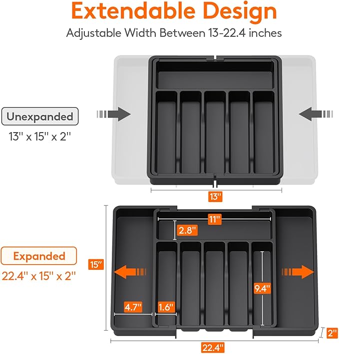 Lifewit Silverware Drawer Organizer, Expandable Utensil Tray for Kitchen, BPA Free Flatware and Cutlery Holder, Adjustable Plastic Storage for Spoons Forks Knives, 13-22 x 15", Black