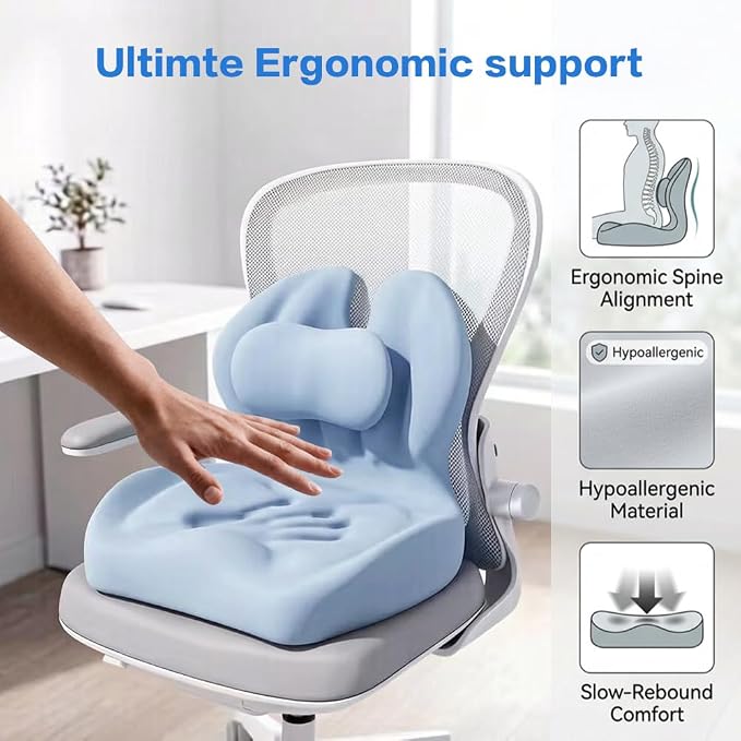 Adjustable Memory Foam Lumbar Cushion - Ergonomic Lower Back Support Pillow with Cotton Cover, Mid-Height Customizable Design for Office Chair, Car Seat, Long Sitting (Blue, Large)