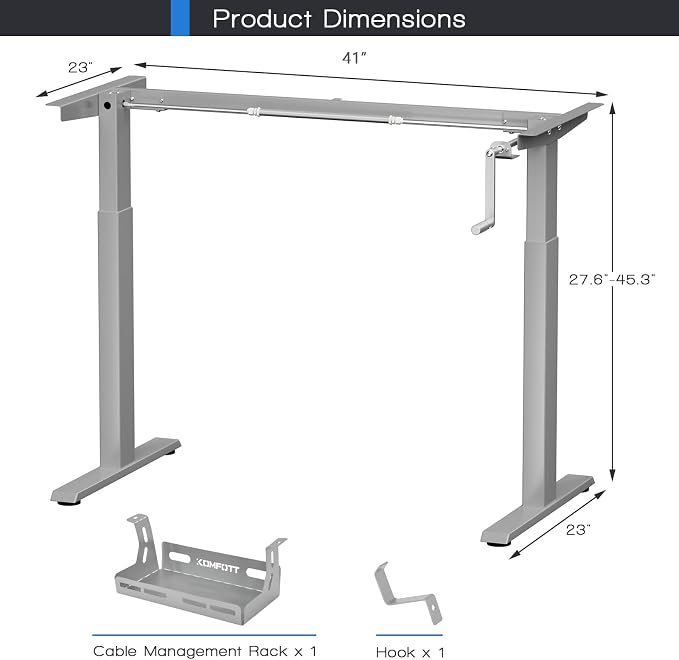 COSTWAY Crank Standing Desk Frame, Manual Hand Crank Workstation Base, Ergonomic Sit to Stand Base w/Foldable Crank Handle, Hook, Cable Management Rack (Grey)