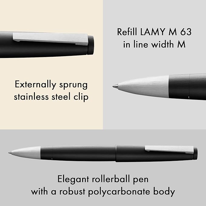 Lamy 2000 black - elegant rollerball pen in robust fibreglass barrel - perfectly balanced & in line width M M 63 rollerball refill in black