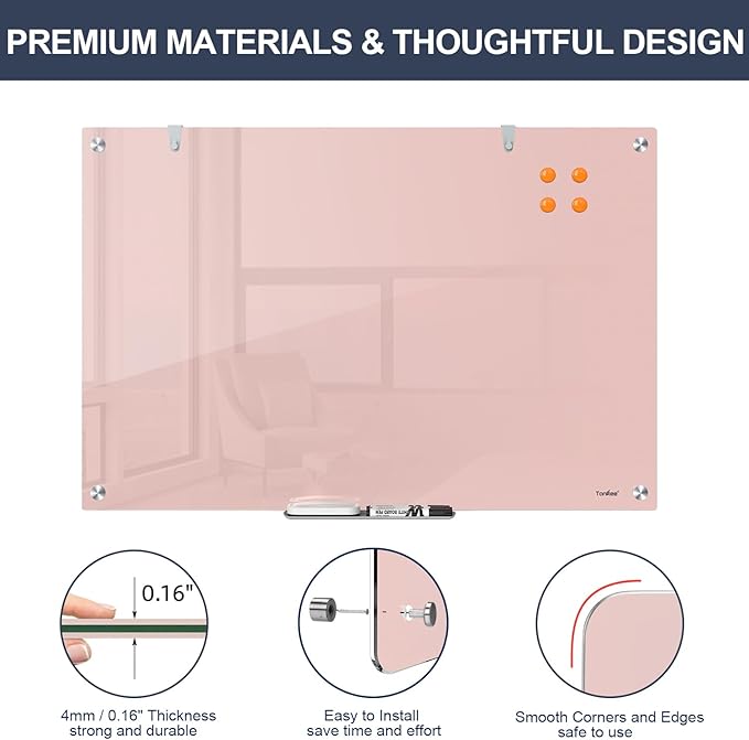 Glass Whiteboard, 36x24 Inches Magnetic Glass Dry Erase Board, Pink White Board for Wall Office School Classroom Home, 3x2 Feet Large White Board Wall Mounted
