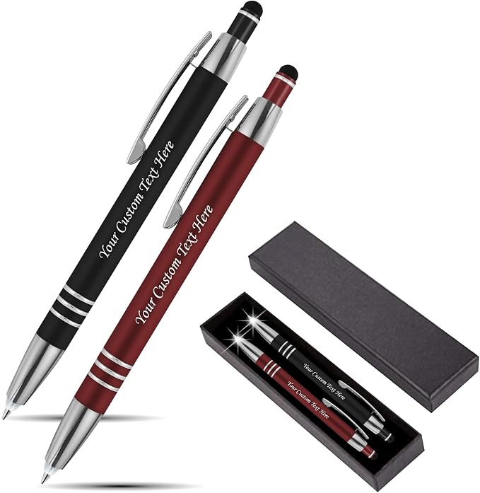 Personalized Pen Gift Set, 2 Rubberized Metal Luxury Ballpoint Pens +Night Writer LED Flashlight +Stylus +Gift Box, Custom Engraved Name,logo,or text Black/Red