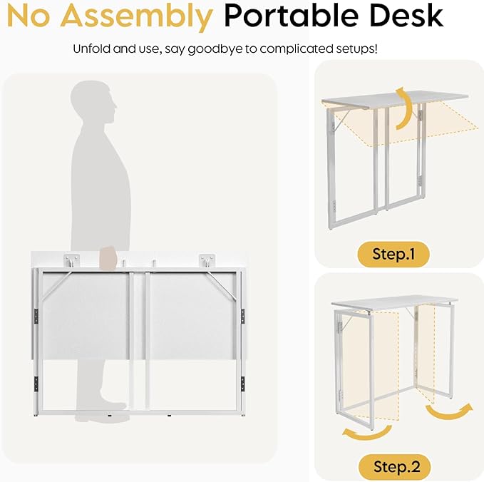 Folding Desk - 39.4” Wood Top Foldable Desk for Small Spaces | No Assembly Required Compact Desk for Home Office, Writing, and Study