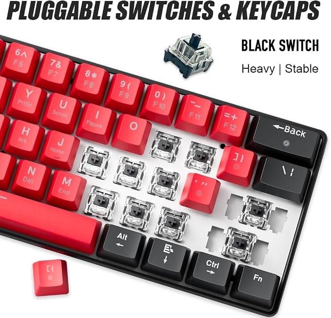 abucow 60% Mechanical Gaming Keyboard Black Switch Wired Compact Keyboard Anti-Ghosting No-Conflict 61 Swappable keycaps Ergonomic Design for Windows/Mac (Black-Red)
