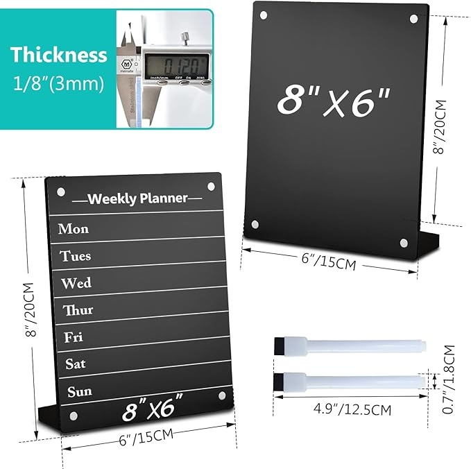 2PCS Black Acrylic Weekly Dry Erase Board Desktop, 8x6 Small Magnetic Whiteboard with Stand for Table Fridge Calendar Memo Board, Daily Planner Blackboard Easel for Office, School