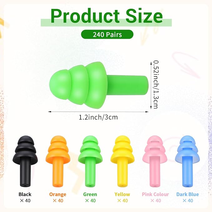 Silicone Ear Plugs, 120 Pairs, 6 Colors | Reusable, Hearing Protection, Noise Reduction, For Sleeping Study Swimming Construction