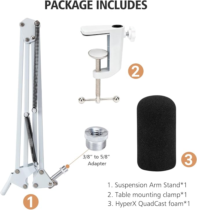 For HyperX QuadCast S White Boom Arm - White Mic Arm Compatible with Hyper x QuadCast, Microphone Boom Arm with Pop Filter, Improve Sound Quality, Mic Boom Arm for Hyperx QuadCast by SUNMON
