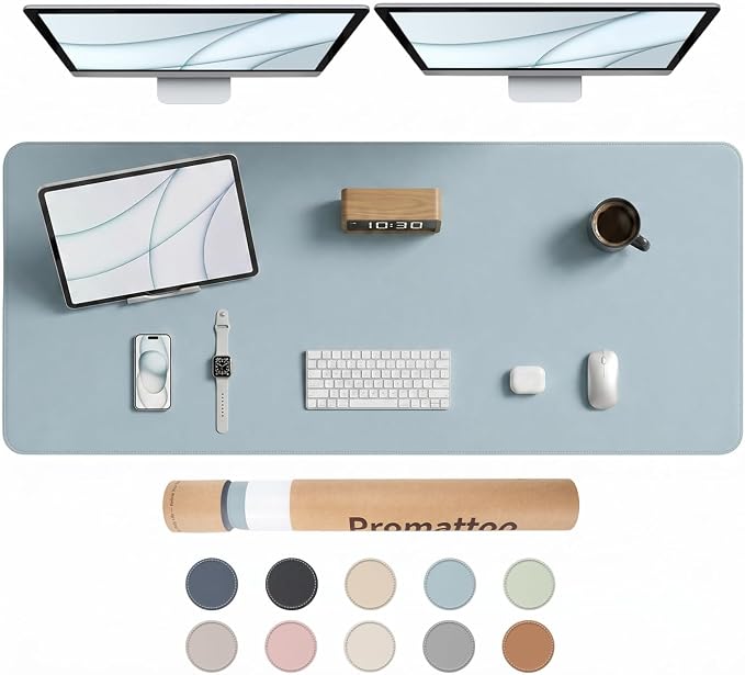 Large Desk Pad Non-Slip Desk Mat Protector for Keyboard Mouse Waterproof Vegan Leather Surface Faux Leather Laptop Mat Smooth Mouse Pad Premium Gift Tube Morning Fog Blue 55" x 23"