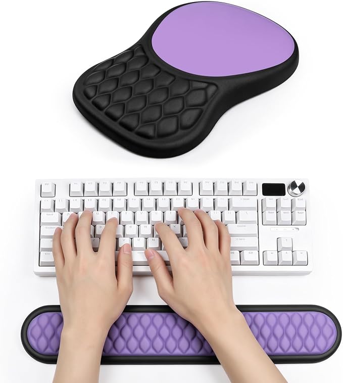 Ergonomic Wrist Rest for Keyboard and Mouse Pad Support Set, Soft Memory Foam Massage Design Relieves Wrist Pain, Non-Slip PU Base for Computer Desk (2-in-1 * Black + Purple)