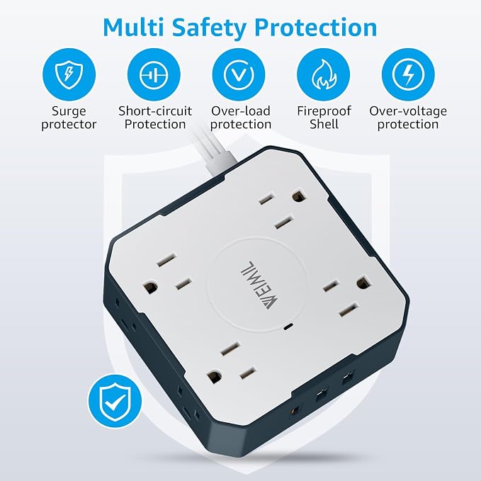 Surge Protector Power Strip, 5 Ft Flat Plug Extension Cord with 3 USB Charger(1 USB C Port) and 8AC Outlets, Wall Mountable Multi Plug Outlet Extender for Home Office