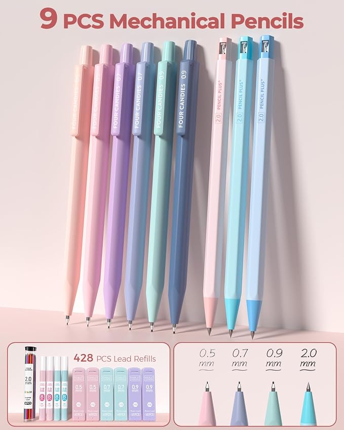 Four Candies 56 PCS Stationery Set, Cute Storage Case with Supplies, 6 Multicolor Pens, 12 Pastel Highlighters, 5 Gel Pens Black Ink, 9 Mechanical Pencils for College Essentials Stuff (Pink)