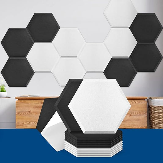 Art3dwallpanels Self Adhesive 12 Pack Acoustic Panels, Black and White 14" X 12" X 0.4" Soundproof Wall Panels, High Density Sound Absorbing Panels Hexagon Beveled Edge Sound Dampening Panels