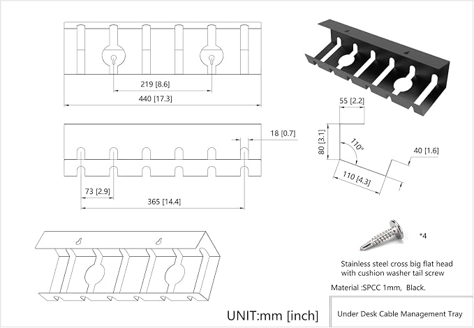 2 Pcs of Under Desk Cable Management Tray for Easy Mounting | Metal U Channel Cable Organizer Box for Office, Home (UnderDeskCM)