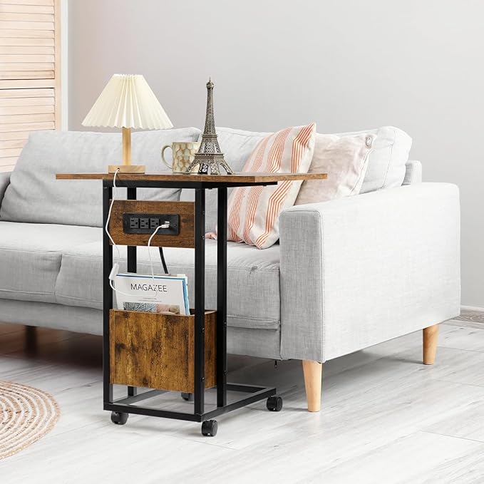 Hadulcet C Shaped End Table with Charging Station & Foldable Tabletop, Folding TV Tray Table with Storage, Laptop Table for Couch, C Table for Sofa, Living Room Bedroom Small Spaces, Rustic Brown