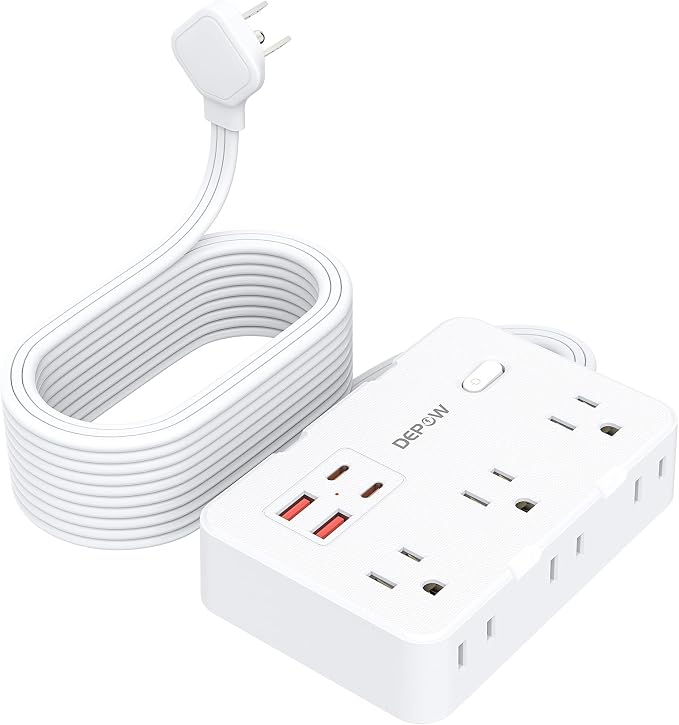 DEPOW Surge Protector Power Strip with Flat Plug, 10 FT Extension Cord with 6 AC Outlets 4 USB Ports(2 USB-C),1050J Surge Protection, Wall Mountable Charging Station for Office, Home, White
