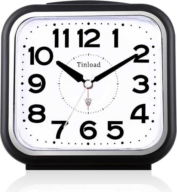Tinload 5.5" Large No Ticking Analog Alarm Clock,Silent Readable for Seniors,Easy to Set,Gradual Rise Alarm,Big Numbers,Gentle Wake,Snooze, Lighted on Demand,Battery Operated(Black-B)