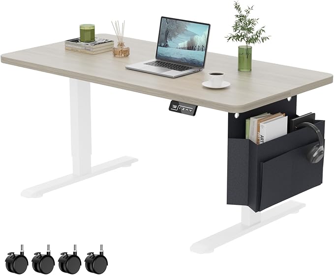 Coffee Table, Height Adjustable Electric Coffee Table with Storage Bag Lift Tabletop Dining Table Office Table with Lockable Wheels for Living Room (Grey Oak Look, 48 x 24 Inches)