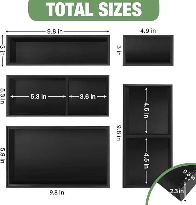 Bamboo Drawer Organizer,5 PCS Black Silverware Tray&Desk Organizers and Storage,Cabinet Divider With Removable Bathroom Organization for Kitchen,Utensils,Junk,Office,Makeup