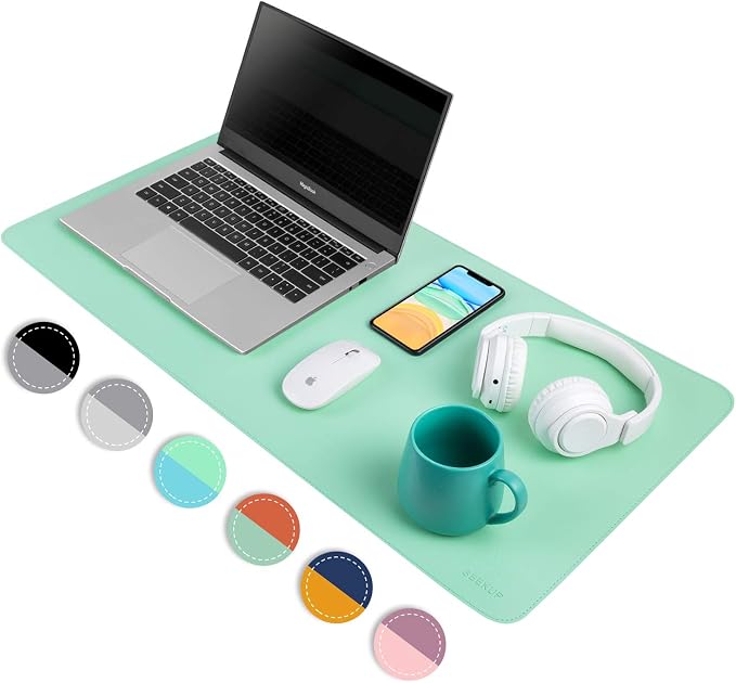 Green/Lake Blue Dual Sided PU Leather Desk Pad, Upgraded Sewing Laptop Mat, Waterproof Large Mouse Pad, Smooth Writing/Painting Mat Non-Slip Desk Protector/Decoration 31.5"x15.8" (80x40cm)