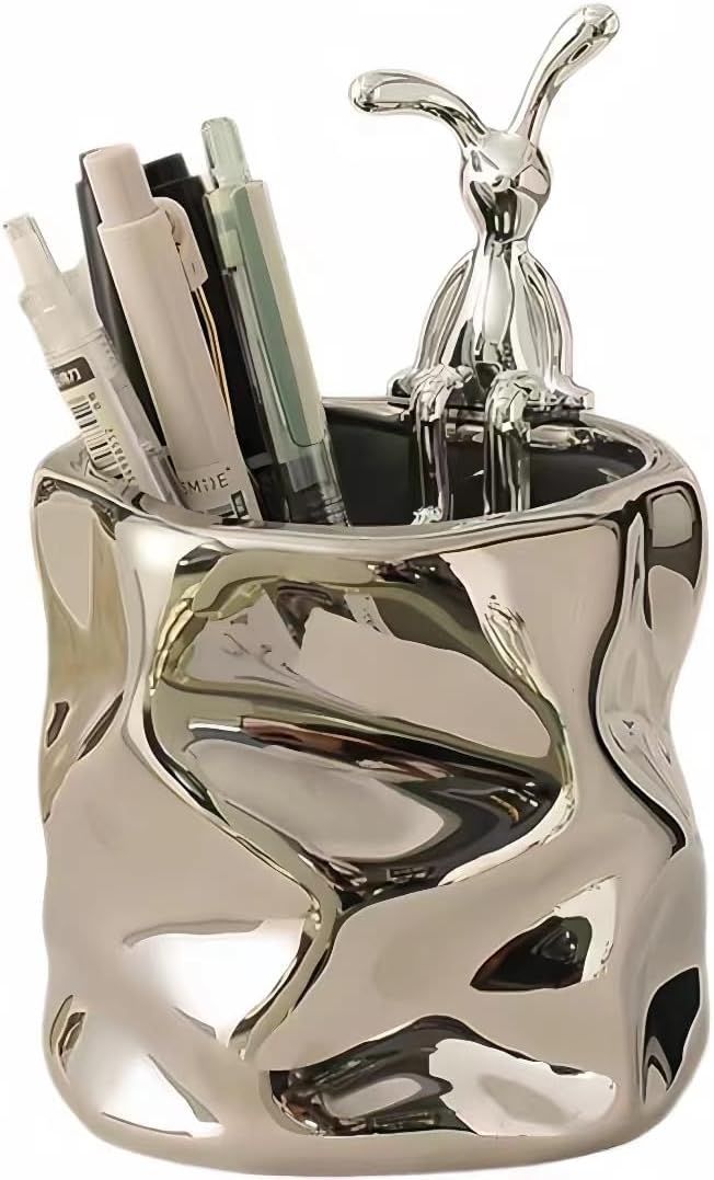 Irregular Aesthetic Pen Holder for Desk Bunny Designer Cute Office Supplies Cubicle Decor Kawaii Workspace Accessories Boho Makeup Organizer Pencil Cup Caddy for Home Office (Silver C)