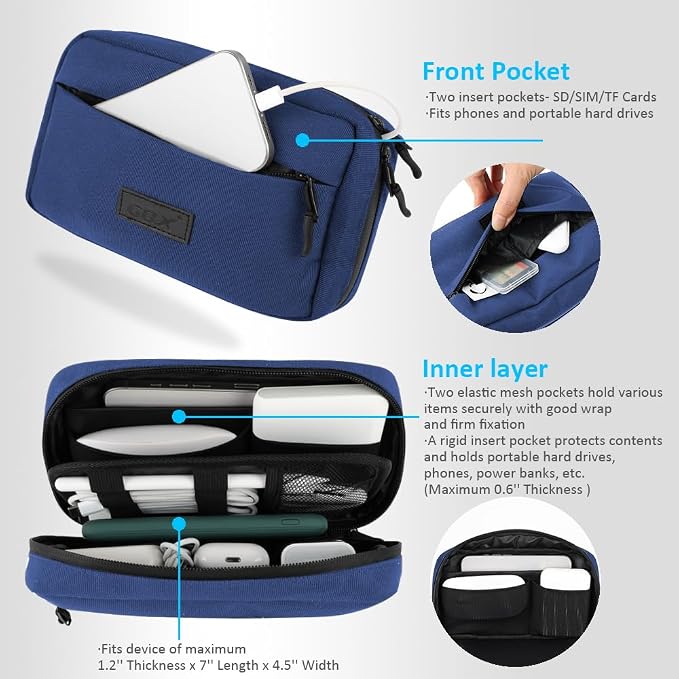 GOX Cable Organizer Travel Bag, Water Resistant Electronic Accessories Case, All-in-One Tech Storage Pouch for Chargers, Cords, Batteries,Phone, Hard Drive & Power Bank (Navy)
