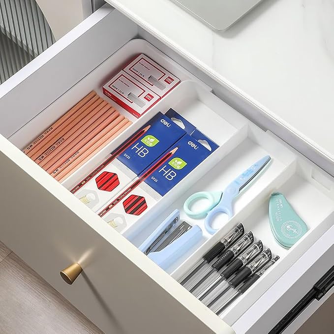 Shallow Desk Drawer Organizer, 1.57" Modular Expandable Tray | White Divider Bins For Office Stationery, Makeup & Kitchen Utensils, Fits 4cm Low-Profile IKEA Alex, BPA-Free PET.