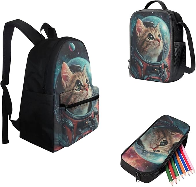 Kids Space Cat Pattern Backpack with Pencil Case and Lunch Box Teen Boys Large Capacity Backpacks for Preschool School Bag Set Cool School Supplies for Boys