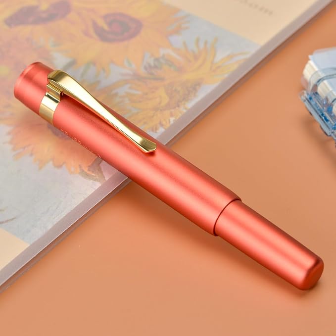 HONG DIAN M2 Black Forest Mini Fountain Pen, Long Blade Nib & Sleek Shape Aluminium Short Pocket Travel Pen (Orange Red)