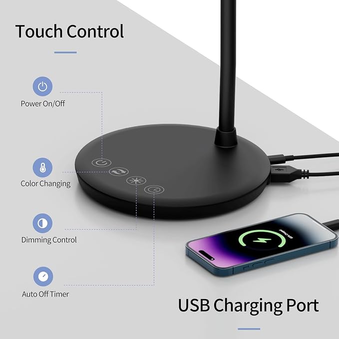 AXX TU08 LED Small Desk Lamp with USB Charging Port, 650 Lumens 3-Color Modes, 5-Touch Dimming, 30/60-Minute Timer, 18-Inch Black Table Light for Reading, Home Office, College Dorm Room Accessories