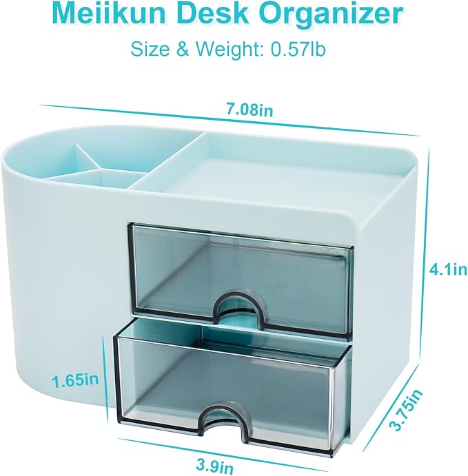 Meiikun Desk Organizer with Drawer, Pen Organizer for Desk, Small Pencil Holder, Desk Organizers and Accessories for Office Home Storage (2 Drawers+4 Compartments, Blue)