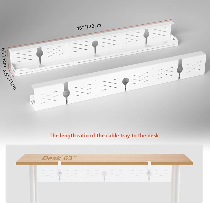 Univivi Under Desk Cable Management Tray, Cable Management, 48 inch, White | Durable Steel Material, Cord Organizer with No-Drill C-Clamp and Screw Mount, Effortless Wire Management for Office/Home