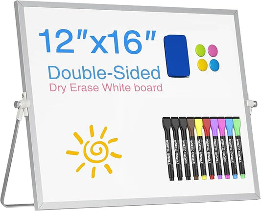 Magnetic Desktop Whiteboard with Stand, 16'' x 12'' Double-Sided Dry Erase White Board, 10 Markers, 4 Magnets, 1 Eraser, Portable White Board Easel for Adults Drawing Desk School to Do List