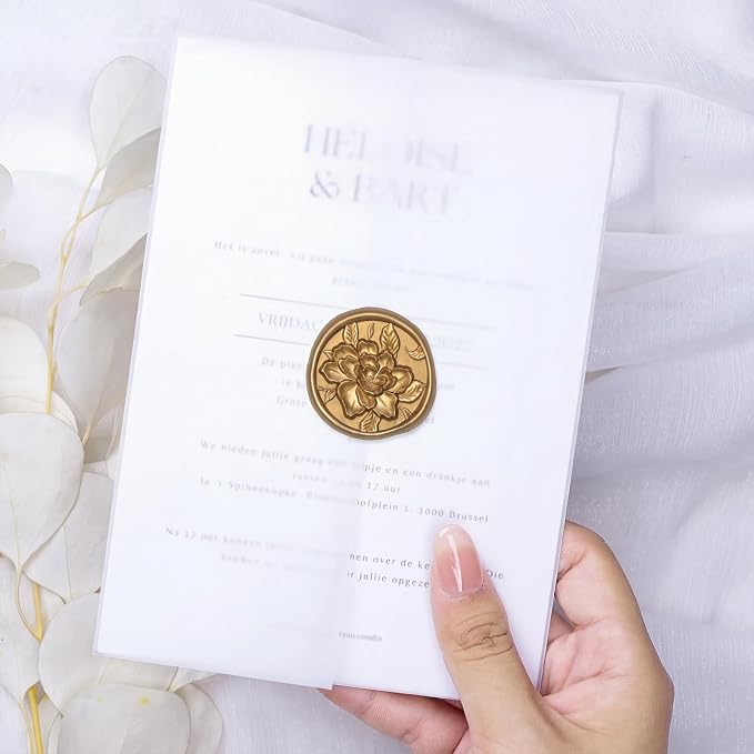 UNIQOOO Wax Seal Stickers - 3D Vintage Floral Wedding Invitation Envelope Botanical Seal Stickers, 50 Pcs Self- Adhesive Antique Gold Flower Stickers, Perfect for Invitation, Gift Wrapping, Party