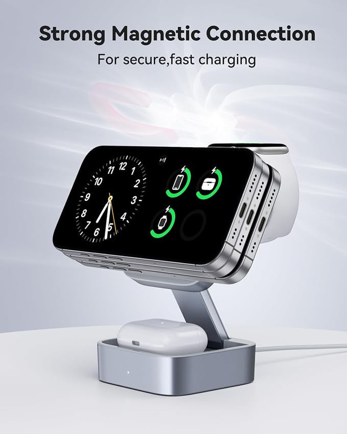 3 in 1 Wireless Charging Station for Apple Devices, Magnetic Foldable Travel Fast Charger Stand Compatible with MagSafe for iPhone Air/17/16/15/14/13/12 Series, Apple Watch & AirPods Pro/4/3/2-Blue