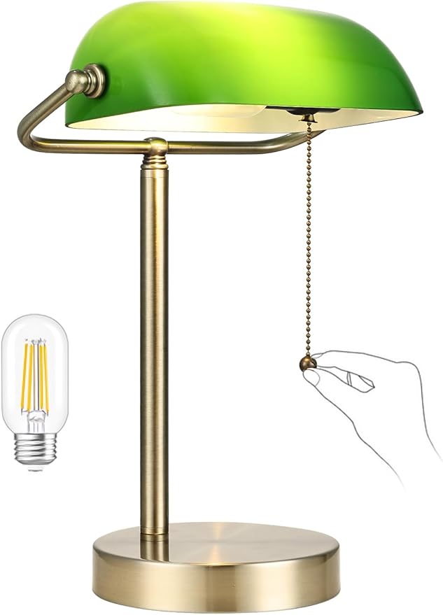 Traditional Green Glass Bankers Desk Lamp with Pull Chain Switch Plug in Fixture,LED Bulb Included