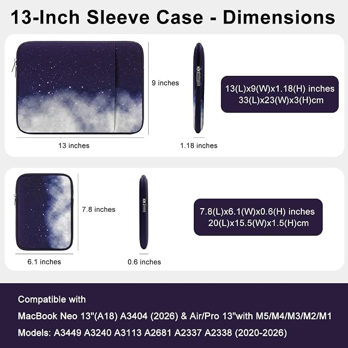 Laptop Sleeve Case for MacBook Neo/Air/Pro 13 inches A18/M5/M4/M3/M2/M1 Chip 2026-2020 A3404 A3449 A3240 A3113 A2681 with 2 Pockets Tablet Bag Accessories (Set - Night Star)