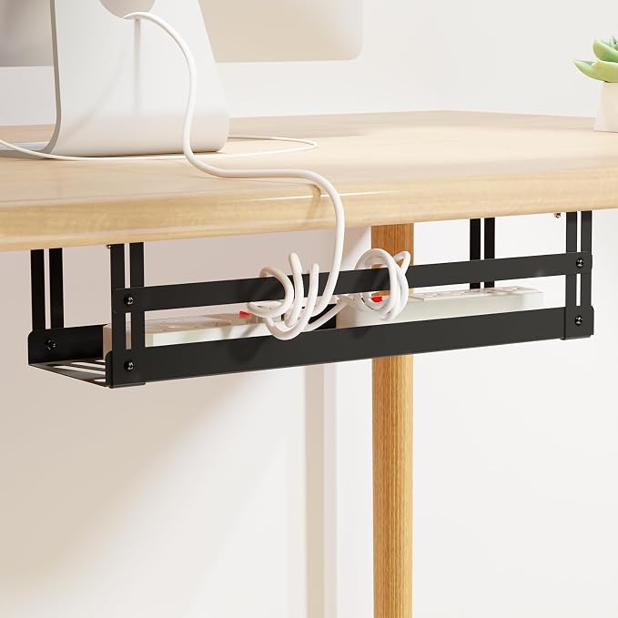 PAVSTINE Under Desk Cable Management Tray, 17 in Metal Cable Tray Basket | For Wire Management, Power Strip Holder, Cord Organizer, Wire Tamer for Home/Office Desk Cable Hider Black