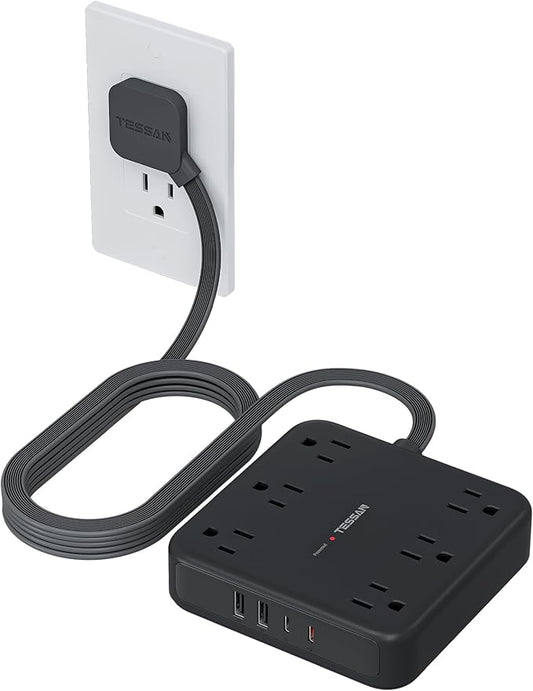 TESSAN 10Ft Black Extension Cord with Multiple Outlets, Surge Protector Power Strip with 6 Outlets and 4 USB Ports (2 USB C), 2100 Joules Protection, Flat Plug, Outlet Extender for Home, Office, Dorm