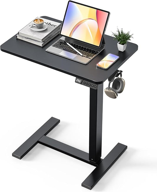 24"x 16" Electric Overbed Table, Rolling Laptop Desk for Bed, Black | Height Adjustable Bedside Desk with Hidden Wheels, Mobile Standing Desk for Sofa, Home Office & Hospital Use