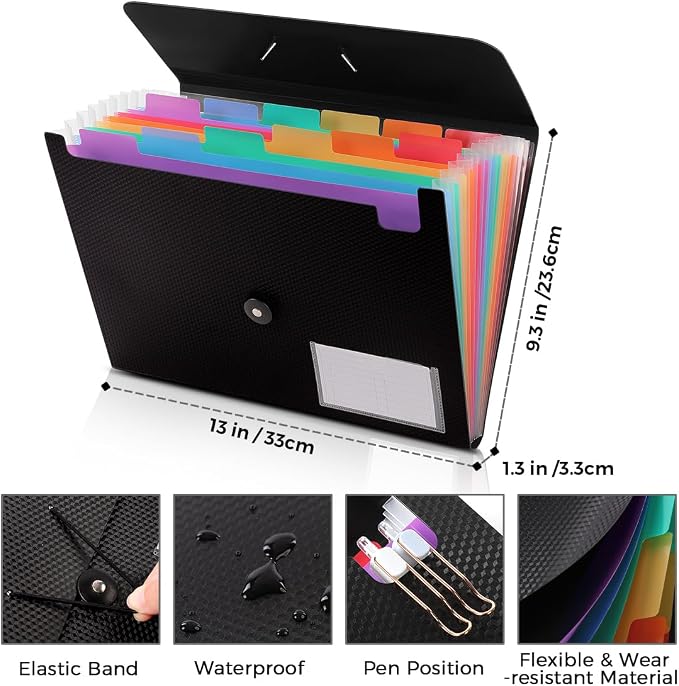 SKYDUE 2Pack Expanding File Folder, Accordion File Organizer with 13 Pocket | Accordion Folder with Labels for A4/Letter Sized Paper, Document Receipt Organizer for Office, School, Home