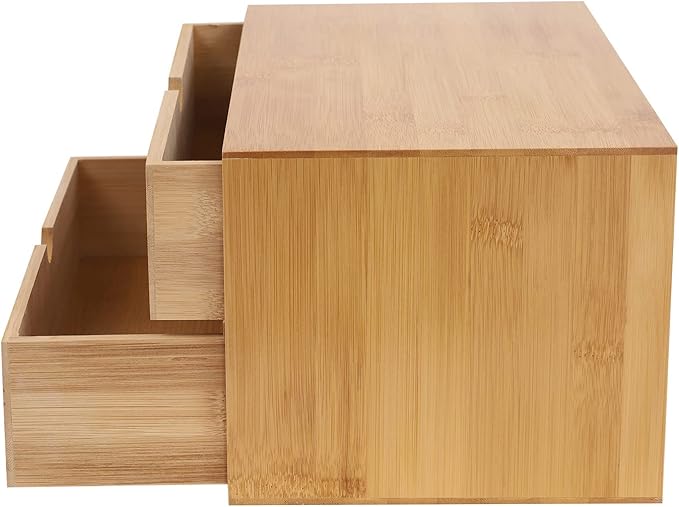 Bamboo Desk Organizer with 2 Drawers, Natural Wood Tabletop Storage Box | No-Assembly Countertop Drawer for Office Home Makeup Jewelry Stationery