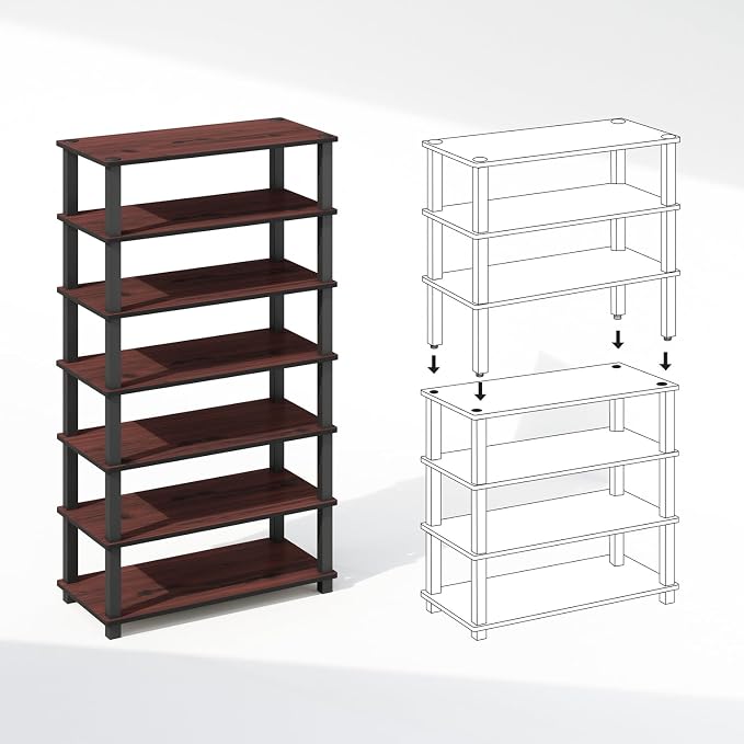 Furinno Turn-N-Tube Storage Shelves Set of 2, 4-Tier Stackable Standing Shelf, Open Corner Shelf, for Organization and Storage, Living Room, Garage, Home Office, Dark Cherry